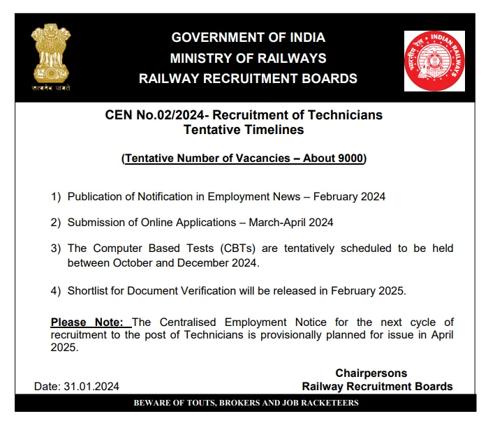 Recruitment of Technicians RRB : ৯০০০ টেকনিচিয়ানৰ পদৰ নিযুক্তি ২০২৪ : ভাৰতীয় ৰেল নিযুক্তি ২০২৪